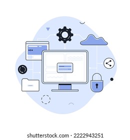 Login and password on computer screen, padlock, folder. Concept of secure access to personal data, safety and protection of digital information. Modern linear vector illustration for banner, poster.