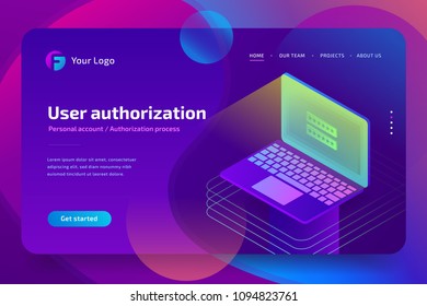 Login password on laptop screen. Data access biometric authorization. 3d isometric vector illustration on ultraviolet background