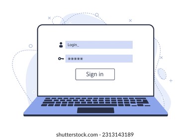 Login and password on laptop. Start web page template on laptop. New illustration with modern laptop.