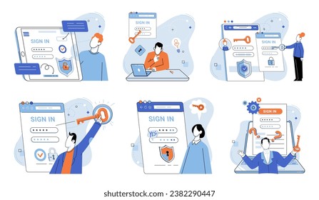 Login password vector illustration. The user interface UI provides convenient way for users to interact with registration system For any inquiries, users can contact support through provided contact