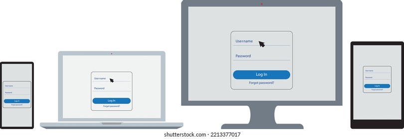Login and password window on different screens. Computer monitor, laptop, tablet, smartphone. Vector Illustration
