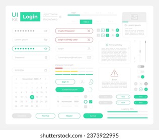 Kit de elementos de interfaz de usuario de procedimiento de inicio de sesión. Componentes vectoriales aislados de seguridad. Menús planos de navegación y plantilla de botones de interfaz. Colección de widgets de diseño web para aplicaciones móviles con tema oscuro