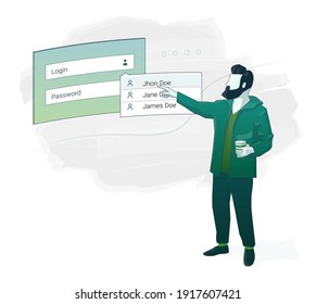 Ilustración del proceso de inicio de sesión. Hombre con barba con la taza de café apuntando a una interfaz para seleccionar el inicio de sesión para entrar en el sitio web o aplicación.