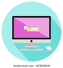Login process required for a password protected operating system, showing anonymous characters while encrypted for security. Flat design.