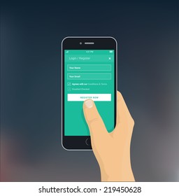 Login / register to website via mobile phone - flat design vector illustration on blurred background