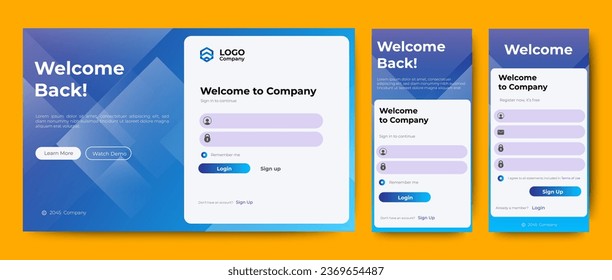 Login and Registration form templates with blue color design. Mobile Sign Up and Sign In page. Professional web design, full set of elements. User-friendly design materials.