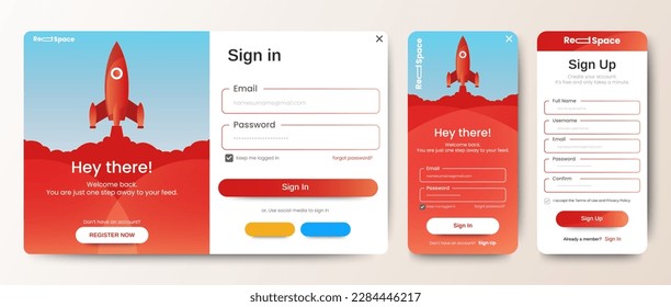 Login and Registration form templates with red color design. Mobile Sign Up and Sign In page. Professional web design, full set of elements. User-friendly design materials.