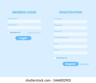 Login and registration page. Member login and registration form.