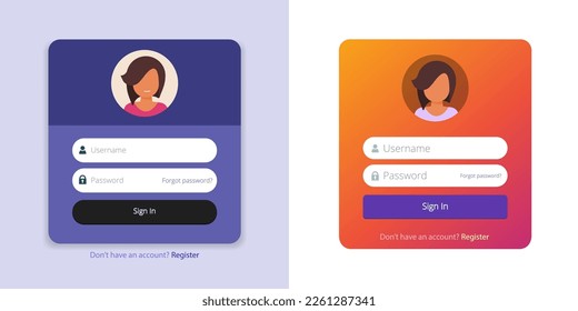 Login screen box page ui from vector rounded set for mobile website modern design, modern log in sign in popup template layout for user membership and password field image, register window mockup