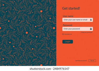 Login screen landing page vector design. Login ui ux template with email and password in flourish design