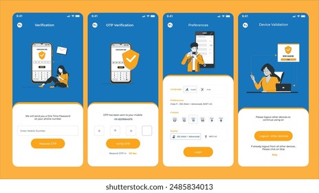 login screen for mobile app, sign in screen, sign up screen, logout screen 