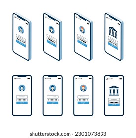 La pantalla de inicio de sesión en un smartphone, un conjunto de variaciones isométricas y de vista frontal