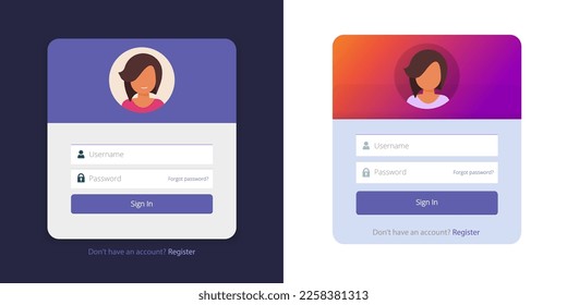 Login-Bildschirm von Seite ui Set für mobile Website moderne Design-Vektorgrafik, moderne Log-in-Popup-Template-Layout für Benutzer-Mitgliedschaft Feld-Bild und Passwort-Feld-Bild, Anmelden in Register-Button-Fenster moockup