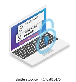 The login screen and password on the laptop screen. Isometric vector illustration.