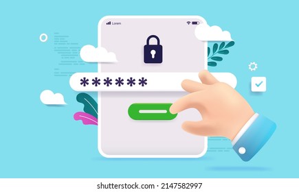 Login screen with password protection - Tablet with hand trying to log in on private web site. Security and authorisation concept, vector illustration