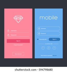 Login screen and Sign In form template for mobile app or website design. UI, UX, user interface kit, smartphone application design.