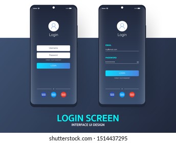 Login screen smartphone interface vector template, Mobile app page dark mode design layout, Flat UI for application