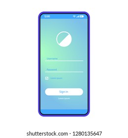 Login screen vector template. Sign in smartphone page. Mobile app interface layout. Login, sign up screen. Flat UI application. User registration, authorization. Phone display with password, username