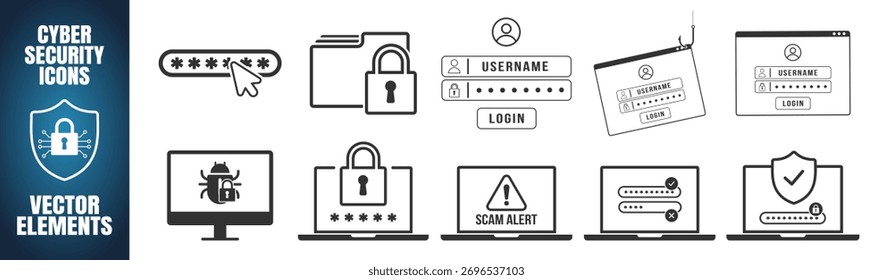 Conjunto de iconos de seguridad de Inicio de sesión. Elementos de Vector de protección de Contraseñas y de alerta de phishing sobre fondo transparente