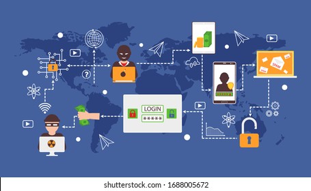 Login-Sicherheit, starkes Passwort, sichere Privatdaten, Online-Netzwerkschutz, flache Vektorillustration-Illustration. Web-Banner, Hacker attackieren die ganze Welt, unsicheres Internet, Cyber-Geld, Kryptowährung.