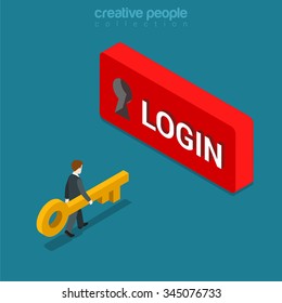 Login Sign in button flat 3d isometry isometric concept web vector illustration. Keyhole on wall and man walking towards with big key. Creative people collection.