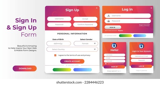 Login and Sign Up form templates design. Mobile and Website Registration form with colorful concept design. Professional web design, full set of elements. User-friendly design materials.