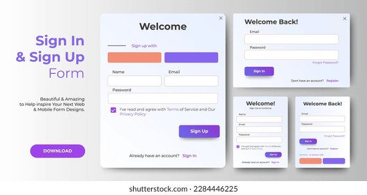 Login and Sign Up form templates design. Mobile and Website Registration form with colorful concept design. Professional web design, full set of elements. User-friendly design materials.