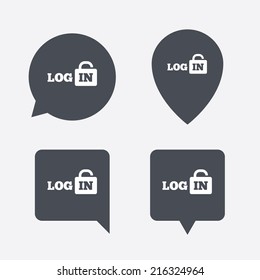 Login sign icon. Sign in symbol. Lock. Map pointers information buttons. Speech bubbles with icons. Vector