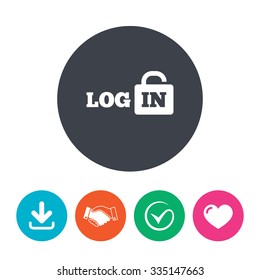 Login sign icon. Sign in symbol. Lock. Download arrow, handshake, tick and heart. Flat circle buttons.