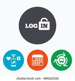 Login sign icon. Sign in symbol. Lock. Mobile payments, calendar and wifi icons. Bus shuttle.