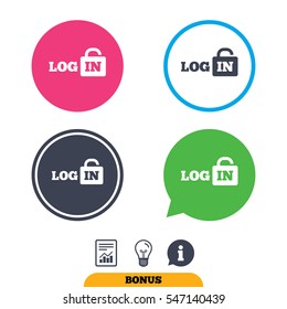 Login sign icon. Sign in symbol. Lock. Report document, information sign and light bulb icons. Vector