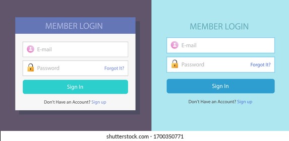 Login or sign in screen form box ui web template with username and password fields set vector flat design illustration, website log in menu bar with signin button modern trendy mockup