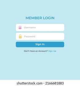 Login or sign in screen form box ui web template with username and password fields on blue background vector flat design. Facebook login. Twitter login. 
