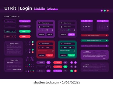 Login UI elements kit. Registration form. System authorization isolated vector icon, bar and dashboard template. Web design widget collection for mobile application with dark theme interface