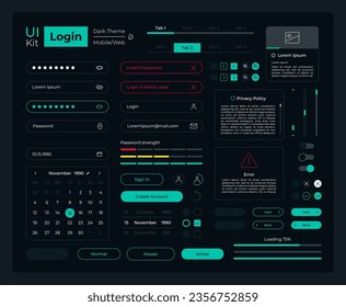 Login UI elements kit. Security setup isolated vector components. Flat navigation menus and interface buttons template. Web design widget collection for mobile application with dark theme