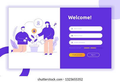 Login UI UX design concept and illustration with big modern people, privacy icons, inputs, forms. Vector website user interface sign in, sign up form template. Online web register.