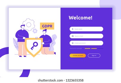 Login UI UX design concept and illustration with big modern people, privacy icons, inputs, forms. Vector website user interface sign in, sign up form template. Online web register.
