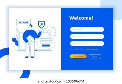 Login UI UX design concept and illustration with big modern people, privacy icons, inputs, forms. Vector website user interface sign in, sign up form template. Online web register.