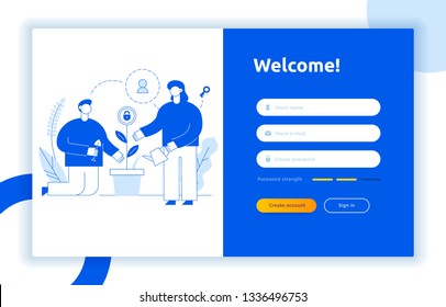 Login UI UX design concept and illustration with big modern people, privacy icons, inputs, forms. Vector website user interface sign in, sign up form template. Online web register.