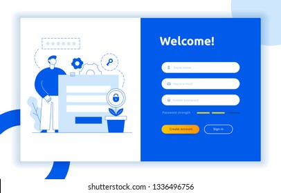 Login UI UX design concept and illustration with big modern people, privacy icons, inputs, forms. Vector website user interface sign in, sign up form template. Online web register.