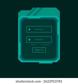 Login user interface with modern sci fi styling, teal color scheme, username and password input fields, and geometric futuristic frame, suitable for game or tech app interfaces