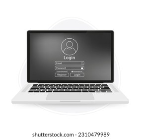 Login to the user interface on the laptop screen. Enter the web element template window. Business site modern UI. Member login Flat design. Registration. Username and password. Vector illustration