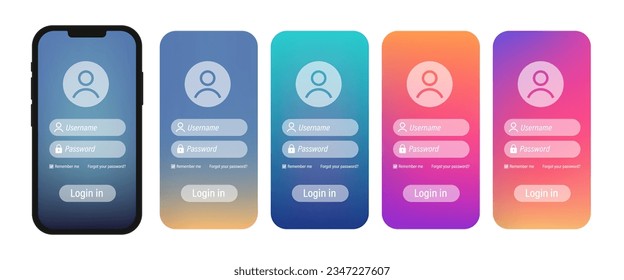 Login vector form page template set on trendy gradient background for app development, smartphone mockups, website ui elements, registration, user profile, account access. Vector illustration