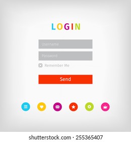 Login web page with colorful icons and red send button on gray background.