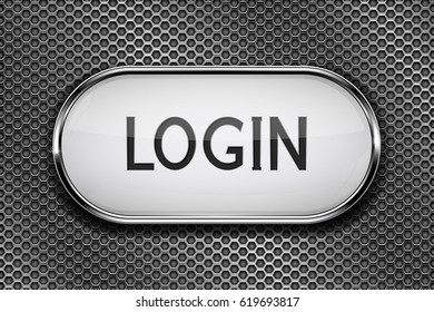 Login white button on metal perforated background. Vector 3d illustration