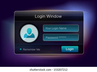 Login window. Dark modern UI and web design elements