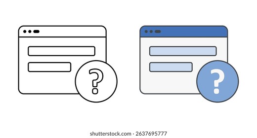 Login window with help icon in outline and color styles, vector symbol for user assistance, password recovery, secure access support, and account troubleshooting.