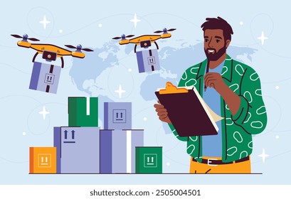 Logist with drone delivery. Remote control man with cardboard boxes. Shipping and logistics, transportation. Export and import of goods. Flat vector illustration isolated on white background