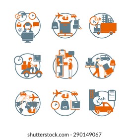 Logistic advanced international modern parcels delivery customer service concept circle stylized pictograms collection abstract isolated vector illustration