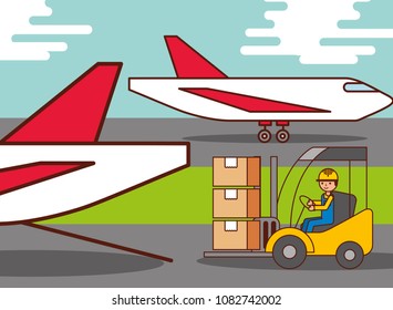 logistic airplane worker driving forklift cargo boxes